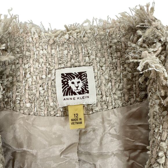 Anne Klein Fringed Tweed Blazer Jacket Women's Size 12 Beige Textured‎ Lined - Picture 3 of 9
